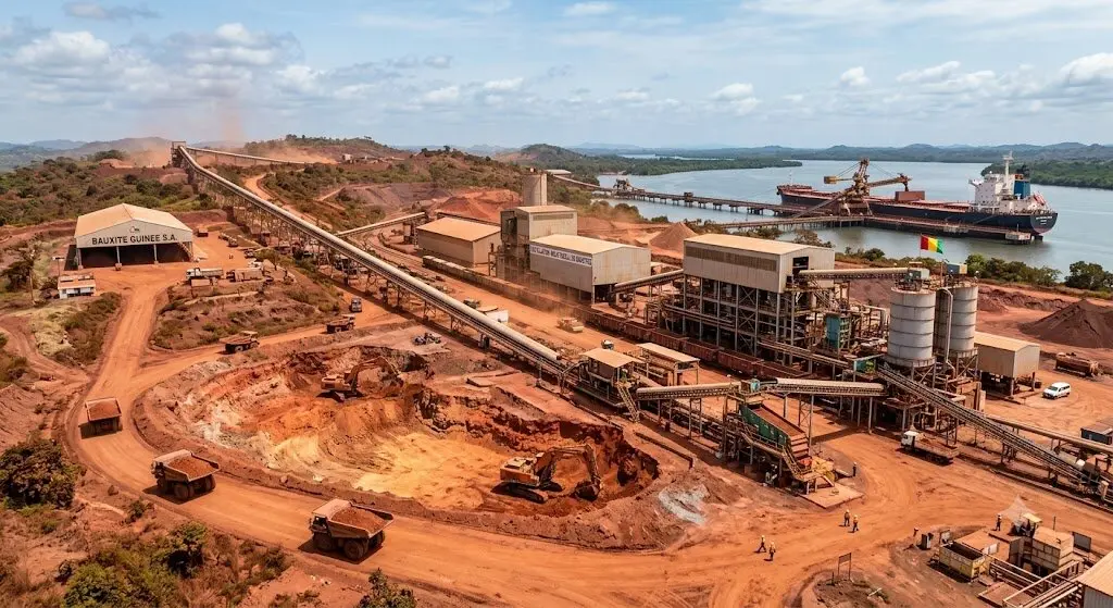 Camions et excavatrices dans une mine de bauxite en Guinée